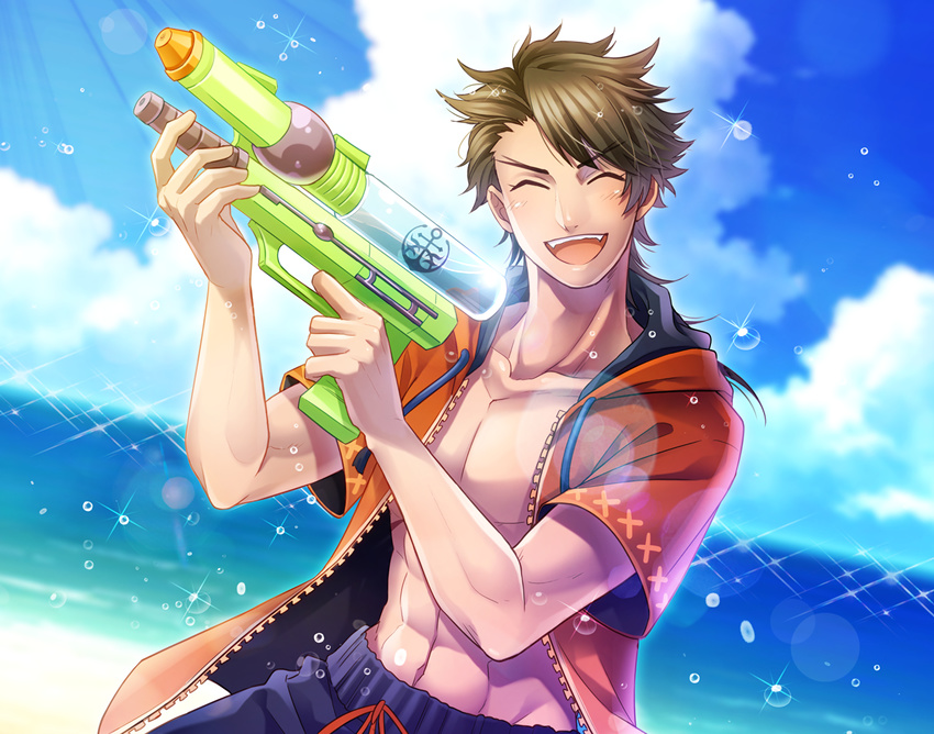 all_male beach brown_hair clouds fang holiday-jin male mutsu-no-kami_yoshiyuki navel open_shirt sky summer swimsuit touken_ranbu waifu2x water