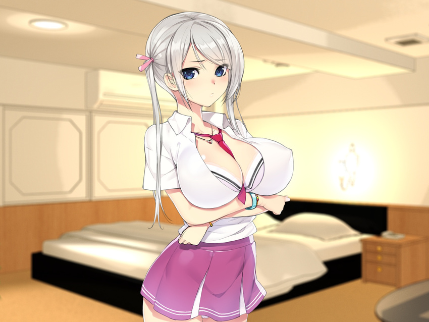 1girl bed blue_eyes blush bra breasts cleavage collared_shirt cowboy_shot crossed_arms erect_nipples highres huge_breasts indoors kimesaku_enkou! legs long_hair looking_at_viewer munashi_mujou necktie original pillow pink_skirt school_uniform short_sleeves skirt solo standing thighs twintails white_hair