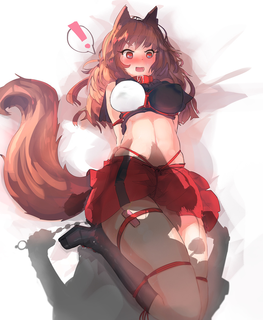 1girl :d anal_beads animal_ears bdsm blush bondage boots bound breasts brown_hair collar ehrrr fang high_heels highres imaizumi_kagerou inubashiri_momiji knee_boots large_breasts long_hair lying midriff miniskirt navel ominous_shadow on_back open_mouth red_eyes shibari silhouette skirt smile solo spoken_exclamation_mark sweat tail touhou wolf_ears wolf_tail you_gonna_get_raped