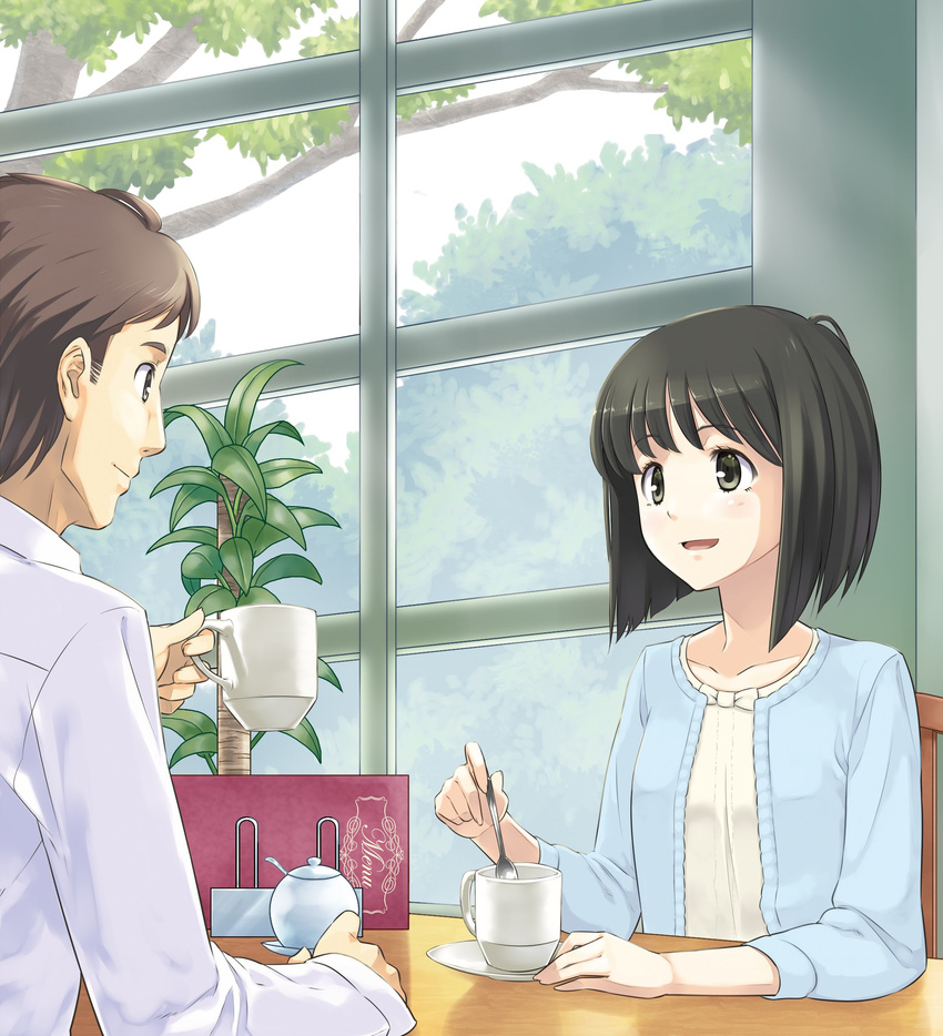 1girl black_hair brown_eyes brown_hair cup denchuubou eye_contact highres holding holding_cup ikeda_ken indoors looking_at_another new_horizon official_art okada_yumi open_mouth plant spoon sugar_bowl table window