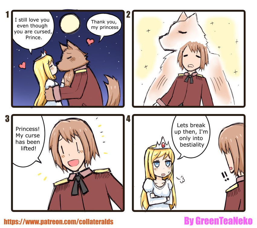 1girl bestiality blonde_hair blue_eyes brown_hair comic copyright_request crown greenteaneko left_to_right_manga prince princess transformation wolf