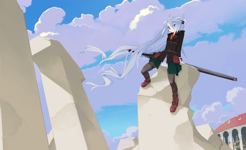 arm_support ascot belt_pouch blue_eyes boots brown_legwear cloud cloudy_sky coat day gun highres leaning long_hair looking_at_viewer mof mof's_silver_haired_twintailed_girl original pouch rifle ruins skirt sky solo thigh_strap thighhighs twintails very_long_hair weapon white_hair wind zettai_ryouiki