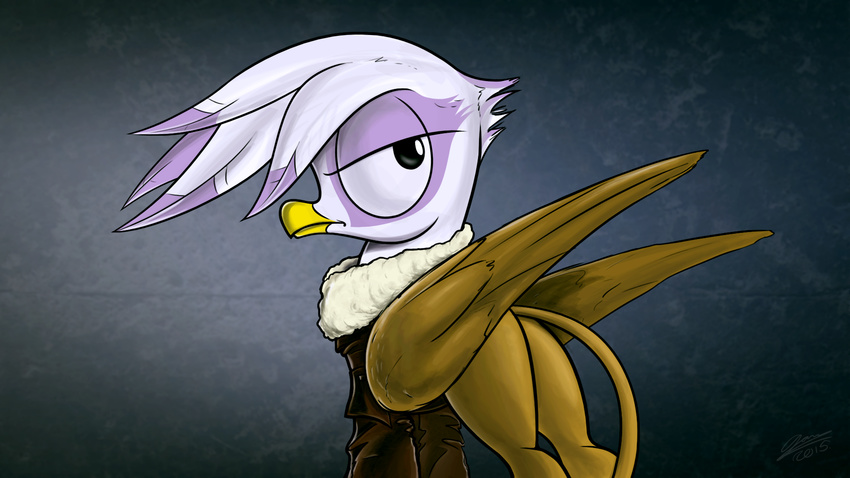 2015 avian beak brown_feathers clothing dori-to equine feathered_wings feathers female feral friendship_is_magic fur gilda_(mlp) grey_background gryphon hair hi_res looking_at_viewer mammal my_little_pony simple_background solo white_feathers wings yellow_beak