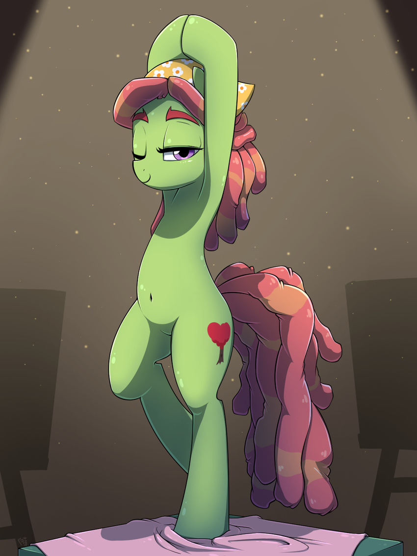 2016 cutie_mark dreadlocks earth_pony equine female frankier77 friendship_is_magic hair hi_res horse long_hair looking_at_viewer mammal multicolored_hair my_little_pony navel one_eye_closed pony smile solo tree_hugger_(mlp) two_tone_hair