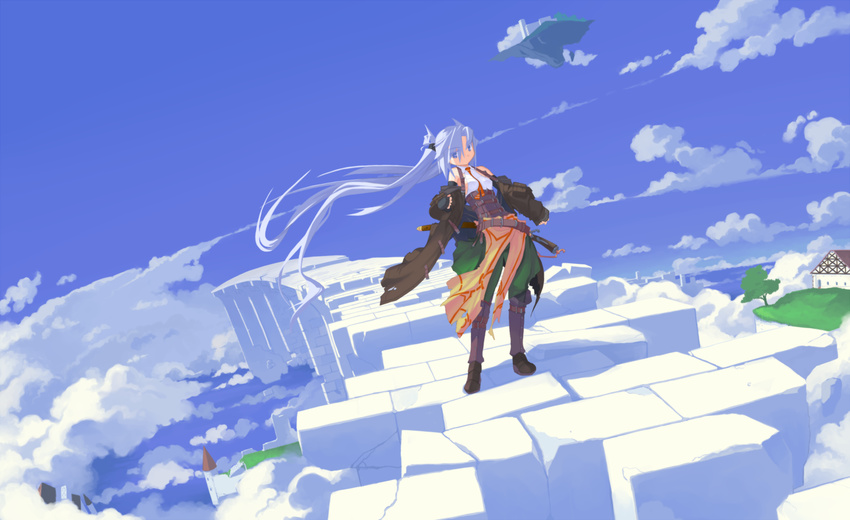 bare_shoulders belt blue_eyes boots cloud coat corset day dutch_angle elbow_gloves fingerless_gloves floating_island full_body gloves highres knee_boots long_hair looking_at_viewer mof mof's_silver_haired_twintailed_girl original shirt sky sleeveless sleeveless_shirt solo standing twintails very_long_hair white_hair wind