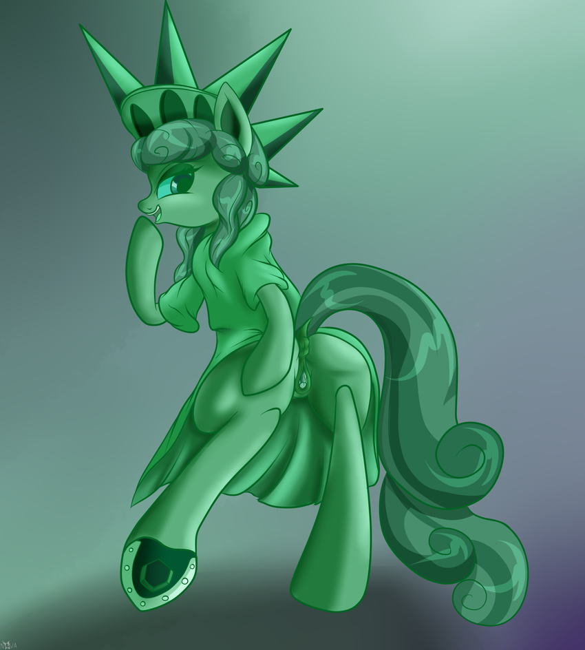 anatomically_correct anatomically_correct_pussy animal_genitalia animal_pussy anthro anus butt clothing clothing_lift earth_pony equine equine_pussy fan_character female feral gradient_background green_eyes green_hair hair hi_res hooves horse looking_back mammal my_little_pony novaspark ponification pony pose presenting pussy raised_tail simple_background skirt skirt_lift smile solo spread_butt spreading statue_of_liberty underhoof