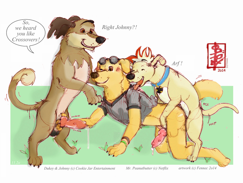 2014 anal anal_penetration animal_genitalia animal_penis anthro anthro_on_feral balls bestiality bojack_horseman bound canine_penis collar cum dukey fennec_(artist) feral group johnny_test knot male male/male mr._peanutbutter penetration penis