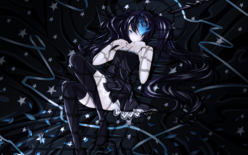 black_hair black_rock_shooter blue_eyes dhiea dress kuroi_mato long_hair monochrome petals photoshop stars thighhighs twintails vocaloid weapon