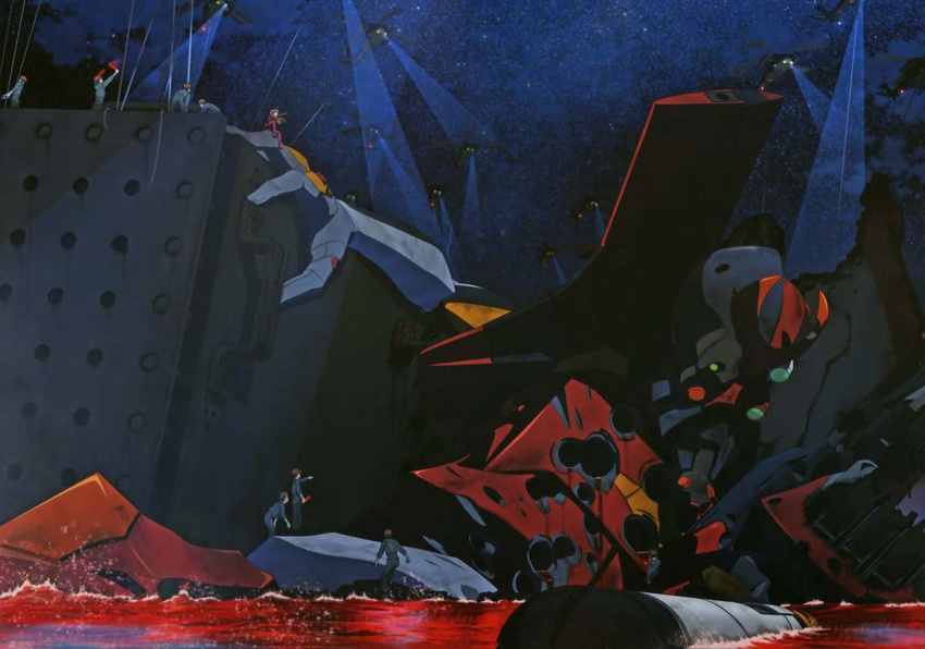 6+boys after_battle aircraft arms_up bent_over bodysuit brown_hair crate damaged entry_plug eva_02 evangelion:_3.0_you_can_(not)_redo floating_hair hat helicopter knee_up lcl leaning_forward light_stick long_hair mecha multiple_boys neon_genesis_evangelion night night_sky outdoors outstretched_arm pilot_suit plugsuit pointing rebuild_of_evangelion shikinami_asuka_langley shipping_container short_hair sitting sky souryuu_asuka_langley spotlight standing star_(sky) uniform wire
