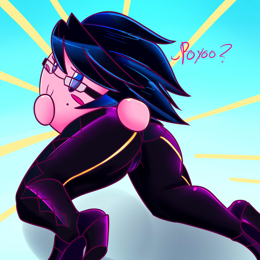 alien bayonetta beauty_mark better_version_at_source black_hair blue_eyes blush butt damianvertigo english_text eyewear female glasses hair half-closed_eyes hand_on_butt hi_res high_heels kirby kirby_(series) nintendo pink_body smile solo super_smash_bros text video_games