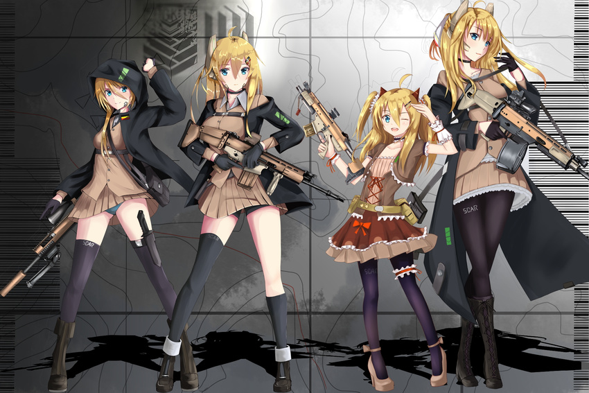 acog ahoge assault_rifle asymmetrical_legwear bad_id bad_pixiv_id bangs battle_rifle belgian_flag belt_pouch bike_shorts bipod blonde_hair blue_eyes blue_panties boots character_request choker drum_magazine eyebrows eyebrows_visible_through_hair fn_scar fn_scar_16 fn_scar_17 foregrip fuyuko_(1361329135) garter_belt girls_frontline gloves gun hair_ribbon highres hood hoodie kneehighs knife magazine_(weapon) miniskirt multiple_girls one_eye_closed open_mouth original panties pantyhose pantyshot petticoat platform_footwear platform_heels pouch ribbon rifle scope skirt smile suppressor thighhighs trigger_discipline underwear vertical_foregrip vest weapon weapon_request wrist_cuffs