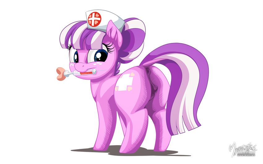 2016 animal_genitalia animal_pussy anus butt cutie_mark dock earth_pony equine equine_pussy female feral friendship_is_magic hair hat horse looking_back mammal multicolored_hair my_little_pony mysticalpha needle nurse_sweetheart_(mlp) pony pussy simple_background solo two_tone_hair white_background