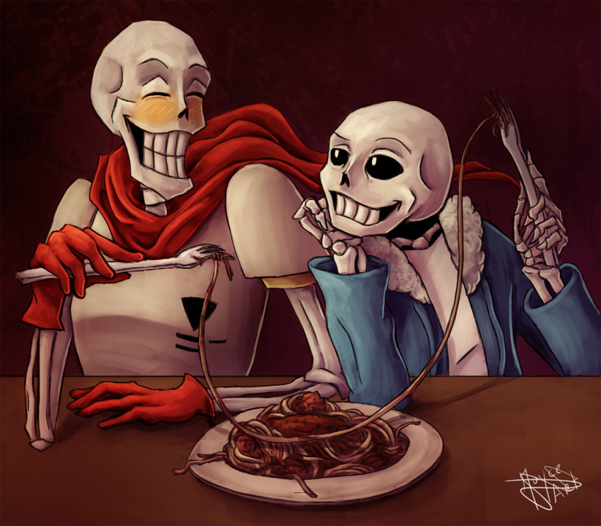 2016 animated animated_skeleton blush bone clothed clothing food game_(disambiguation) hi_res male papyrus_(undertale) pasta sans_(undertale) skeleton smile spaghetti undead undertale unknown_artist video_games