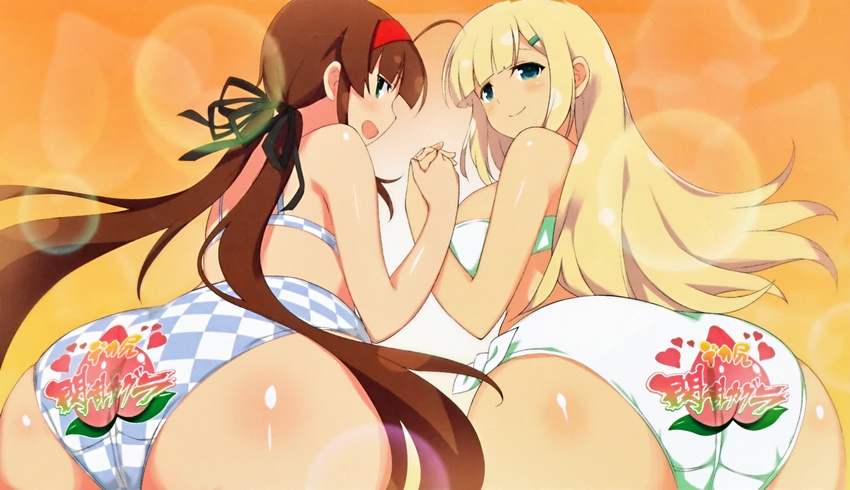 absurdres ass back-print_panties blonde_hair bra brown_hair checkered checkered_panties food_print green_eyes highres holding_hands multiple_girls official_art panties print_panties ryoubi_(senran_kagura) scan senran_kagura senran_kagura_estival_versus side-tie_panties translated twintails underwear underwear_only white_bra white_panties yaegashi_nan yomi_(senran_kagura)