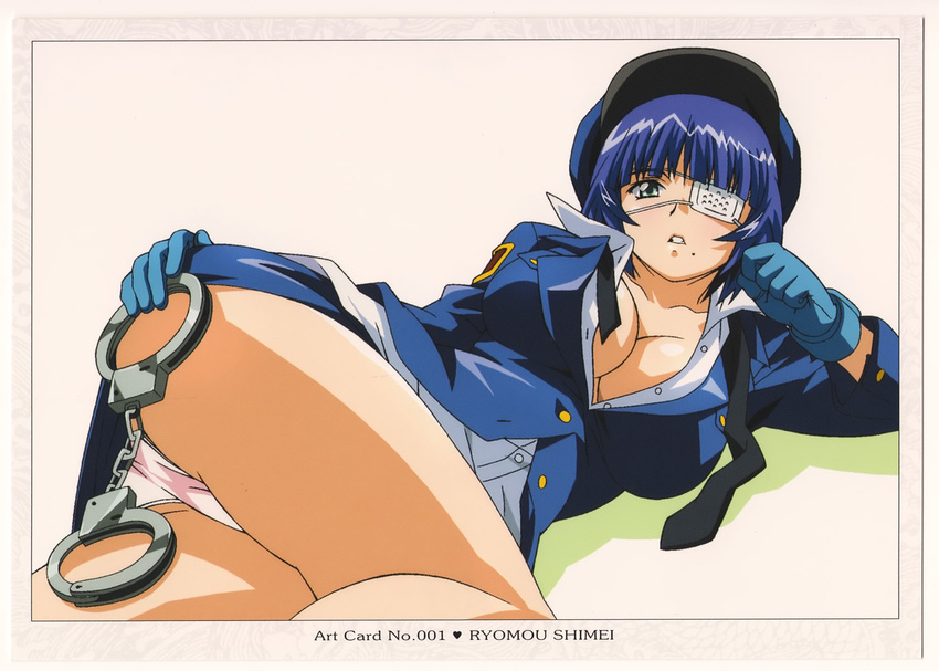 artist_request blue_hair breasts cleavage cuffs eyepatch gloves green_eyes handcuffs highres ikkitousen large_breasts lying mole mole_under_mouth panties police police_uniform policewoman ryomou_shimei solo underwear uniform
