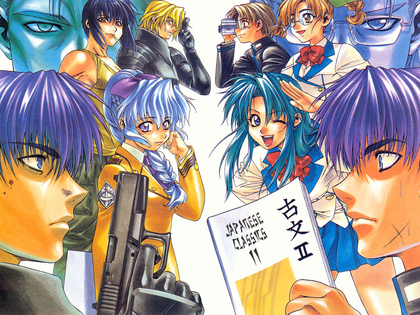 6+boys blue_hair camcorder chidori_kaname dual_persona full_metal_panic! glasses glock gun handgun hayashimizu_atsunobu highres jindai_high_school_uniform kazama_shinji kurz_weber melissa_mao multiple_boys multiple_girls pistol sagara_sousuke school_uniform silver_hair tateo_retsu teletha_testarossa tokiwa_kyouko uniform wallpaper weapon