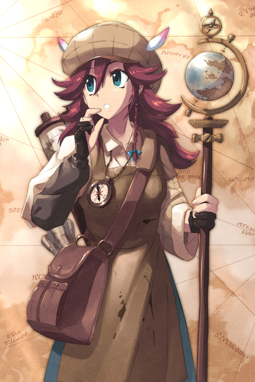 apron bag beret blue_eyes braid brown_hair chain_chronicle collared_shirt commentary compass cowboy_shot english_commentary globe gloves hat highres jewelry john_su long_hair looking_to_the_side map necklace scroll shirt side_braid solo staff