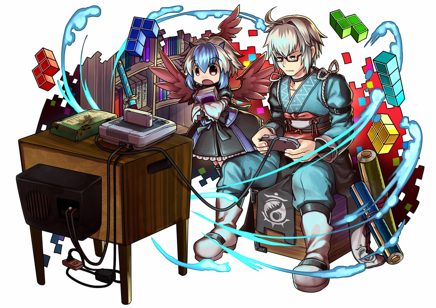 1girl absurdres bird_wings book bookshelf choker commentary_request full_body game_console glasses highres japanese_clothes katana morichika_rinnosuke open_mouth playing_games scroll short_hair sitting socha super_nintendo sword television tetris tokiko_(touhou) touhou weapon white_background wings