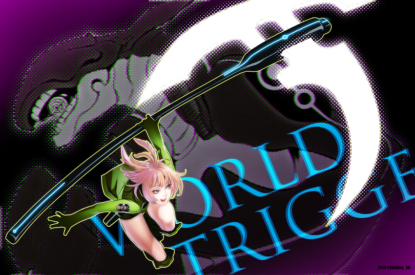 2014 :d artist_name axe bangs blue_eyes boots copyright_name gloves glowing glowing_weapon hair_wings holding holding_weapon konami_kirie looking_away looking_to_the_side open_mouth outstretched_arms pink_hair projected_inset short_hair smile torion_hei weapon wolfina world_trigger