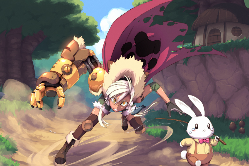 :&lt; bare_shoulders boots bunny cape chasing collared_shirt commentary crying crying_with_eyes_open cyborg dark_skin dust_cloud elbow_pads elbow_sleeve english_commentary fish fishing_rod fleeing fur_trim gloves highres john_su knee_pads original pants paw_print platinum_blonde_hair shirt short_hair shorts sidelocks slit_pupils suspenders tears thighhighs yellow_eyes