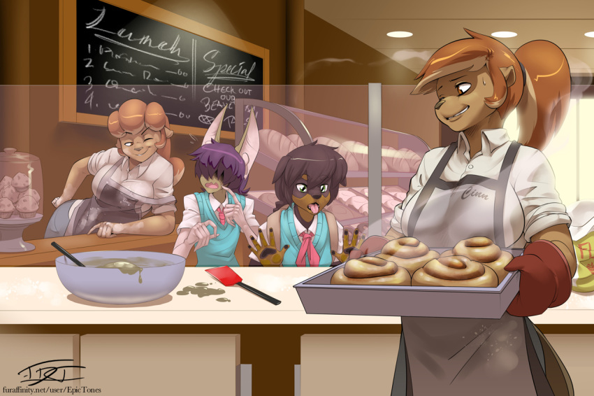 anthro apron bakery beaver big_breasts bowl bread breasts brown_eyes brown_hair buckteeth bunn_delafontaine chiropteran cinn_delafontaine cinnamon_buns clothed clothing female food freckles hair hair_over_eyes hardtones long_hair mammal muffin one_eye_closed oven_mitts ponytail procyonid raccoon rodent sibling smile spatula student teasing teeth tongue tongue_out twins wink