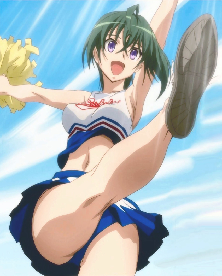 1girl ahoge armpits bangs bare_shoulders breasts cheerleader from_below green_hair kannagi_itsuki open_mouth outdoors panties purple_eyes screencap sideboob sora_wo_kakeru_shoujo stitched upskirt wide_hips