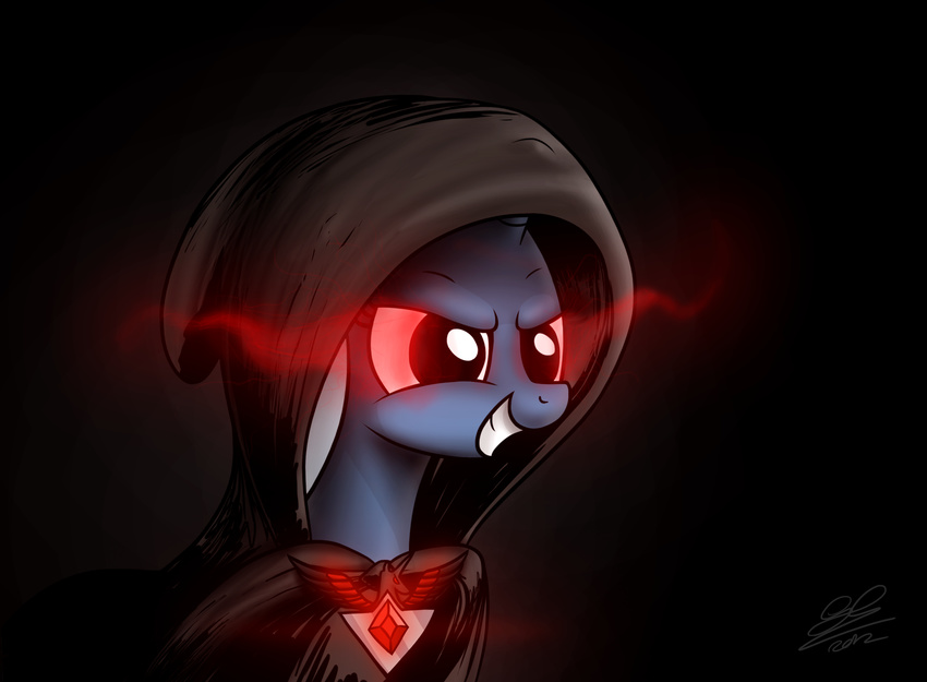 2012 alicorn_amulet black_background cape clenched_teeth clothing dori-to equine female feral friendship_is_magic glowing glowing_eyes hi_res horn mammal my_little_pony red_eyes simple_background smile solo teeth trixie_(mlp) unicorn