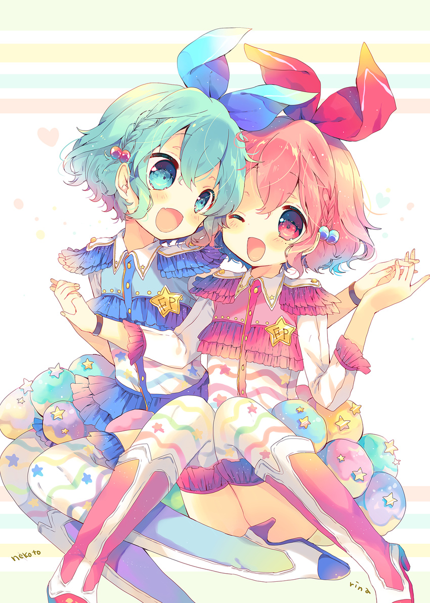 1girl :d ;d artist_name bad_id bad_pixiv_id bangs blue_eyes blue_footwear blue_hair blue_ribbon blush boots bracelet braid brother_and_sister buttons dorothy_west epaulettes fang frilled_legwear frilled_sleeves frills hair_bobbles hair_ornament hair_ribbon heart high_heel_boots high_heels highres holding_hands jewelry knee_boots knees_together_feet_apart knees_up leona_west looking_at_another mole mole_under_eye nekoto_rina one_eye_closed open_mouth otoko_no_ko pink_eyes pink_footwear pink_hair pretty_(series) print_legwear pripara red_ribbon ribbon short_hair siblings side_braid sitting smile star star_print thighhighs twins wing_collar