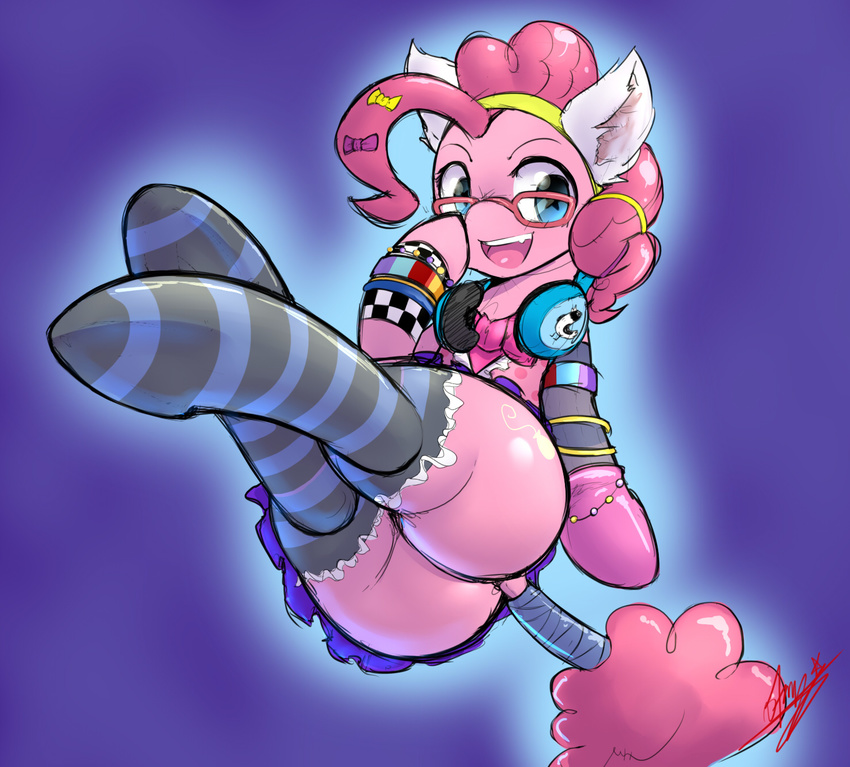 2016 bracelet butt clothing earth_pony equine eyewear female feral friendship_is_magic glasses hair headphones horse jewelry legwear mammal my_little_pony open_mouth pink_hair pinkie_pie_(mlp) pony skirt solo starykrow tail_wraps thigh_highs wraps