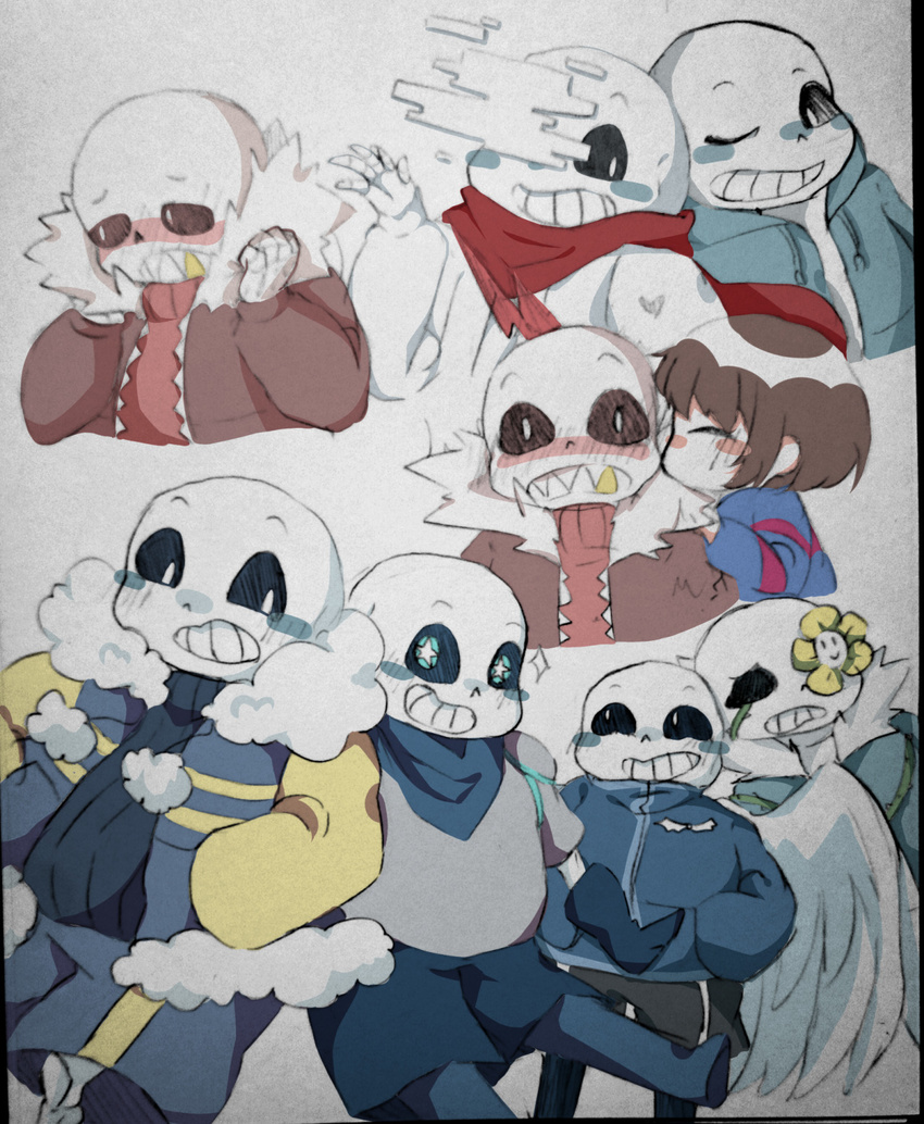 aftertale angeltale animated_skeleton blush bone clothed clothing flowey_the_flower geno_sans_(aftertale)_(character) glitch gold_(metal) gold_tooth group hi_res hoodie human jacket kissing male mammal not_furry outertale protagonist_(undertale) sans_(undertale) scarf sharp_teeth shy skeleton skull smile sweater teeth undead underfell underswap undertale video_games vines wings wounded yaya0709