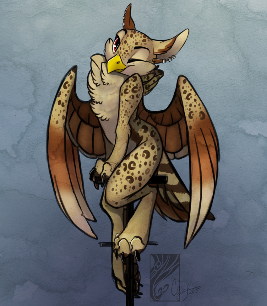 2015 4_toes anthro avian beak brown_feathers brown_fur brown_tail casynuf chest_tuft claws ear_piercing eyebrows eyelashes feathered_wings feathers female fur grey_background gryphon head_tilt looking_at_viewer multicolored_fur multicolored_tail one_eye_closed piercing red_eyes simple_background sitting smile solo tail_feathers tan_feathers tan_fur tan_tail toes tuft two_tone_fur wings wink yellow_beak