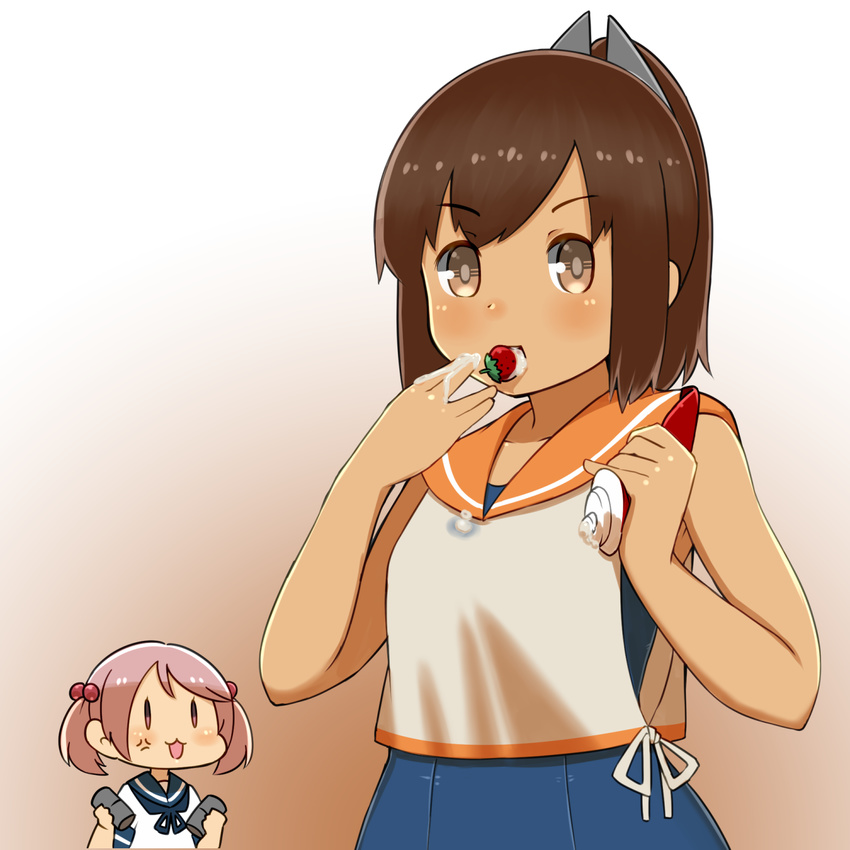 anger_vein brown_hair capriccyo cream food fruit highres i-401_(kantai_collection) kantai_collection multiple_girls one-piece_swimsuit ponytail sazanami_(kantai_collection) school_swimsuit school_uniform swimsuit