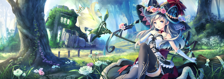 :o black_hat blue_eyes bow broom building elbow_gloves fantasy fence flower forest gloves grass hat hat_bow highres light_rays long_hair looking_at_viewer nature open_mouth original outdoors pink_flower plant purple_eyes red_bow rock ruins scenery silver_hair sitting solo soraizumi stairs thighhighs tree white_flower white_gloves window witch_hat zettai_ryouiki