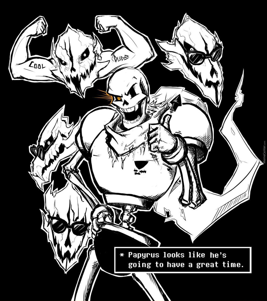 armor bone clothed clothing gaster_blaster gloves papyrus_(undertale) scarf skeleton undead undertale unknown_artist video_games