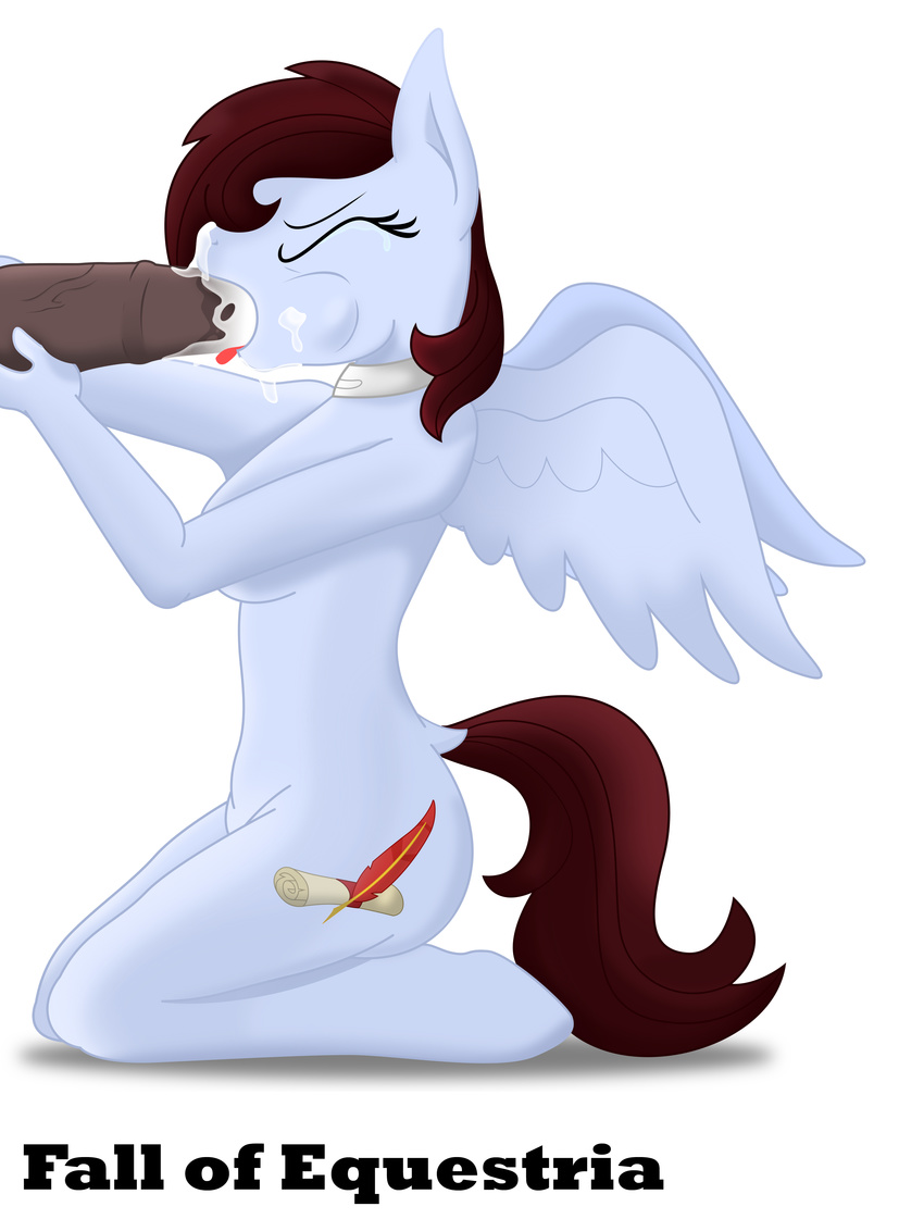 2016 absurd_res animal_genitalia animal_penis anthro collar cum cutie_mark equine equine_penis eyes_closed fall_of_equestria fan_character female hi_res kneeling male male/female mammal my_little_pony nude oral pegasus penis purple_eyes simple_background theshadowstone white_background wings
