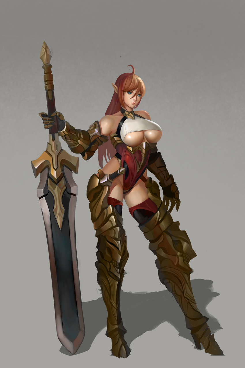 absurdres ahoge armor bare_shoulders blue_eyes breasts brown_hair collarbone contrapposto elf gauntlets goldengear870 highres huge_weapon large_breasts lips pointy_ears shadow simple_background solo standing sword thighhighs two-handed_sword underboob weapon