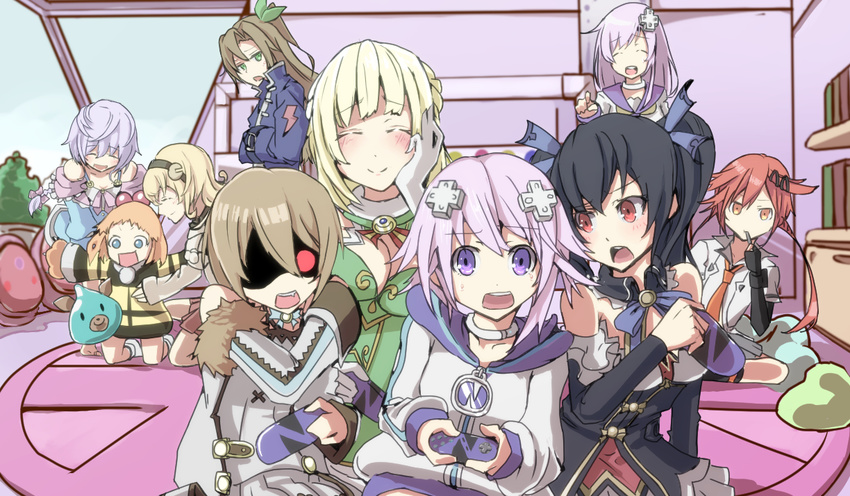 ^_^ bare_shoulders black_hair blanc blonde_hair blush breasts brown_hair closed_eyes compa controller d-pad d-pad_hair_ornament dogoo eating fur_trim game_controller hair_ornament hair_ribbon hairband hairclip hanazawa_suou if_(choujigen_game_neptune) kami_jigen_game_neptune_v large_breasts long_hair multiple_girls necktie nepgear neptune_(choujigen_game_neptune) neptune_(series) noire open_mouth pish playing_games purple_eyes purple_hair pururut red_eyes red_hair ribbon shin_jigen_game_neptune_vii short_hair smile tennouboshi_uzume twintails vert