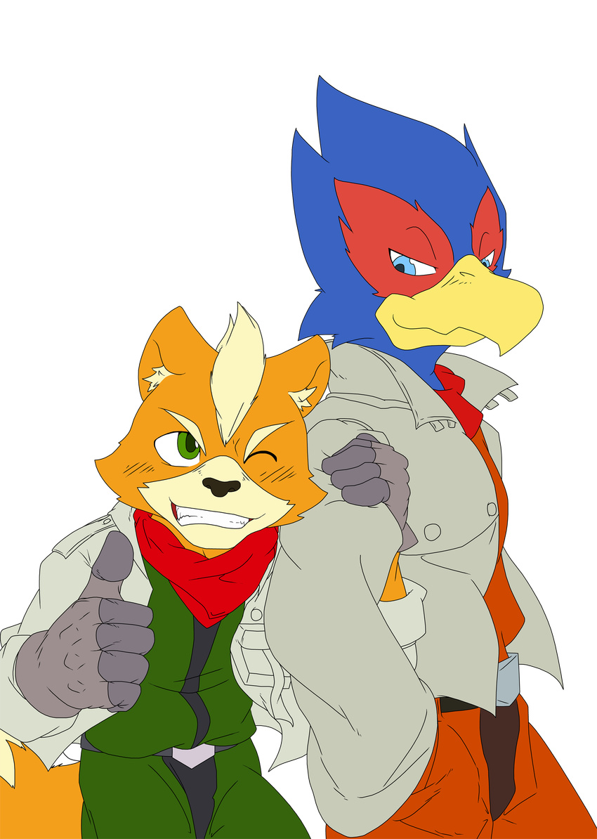 2012 absurd_res anthro avian beak belt bird blinking canine clothed clothing comic cover duo falco_lombardi feathers fluffy fluffy_tail fox fox_mccloud fur furry_tail gloves hi_res jacket looking_at_viewer male male/male mammal nintendo pants pointy_ears quartet_(artist) scarf simple_background smile smug star_fox teeth text thumbs_up translated video_games