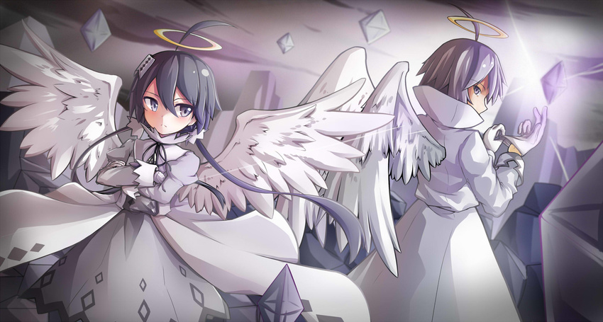 adjusting_clothes adjusting_gloves ahoge alela_grora angel_wings back-to-back black_hair bow bowtie collared_shirt crossed_arms dress gloves grey_hair haiiro_teien halo highres long_coat long_hair nano_(mianhua_maoqiu) pale_skin shirt short_hair twintails wings wodahs younger