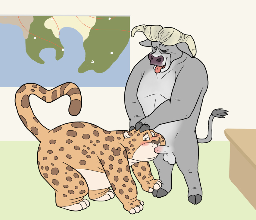 anthro balls benjamin_clawhauser blueballs bovine buffalo cheetah chief_bogo disney duo feline fellatio male male/male mammal oral penis sex zootopia