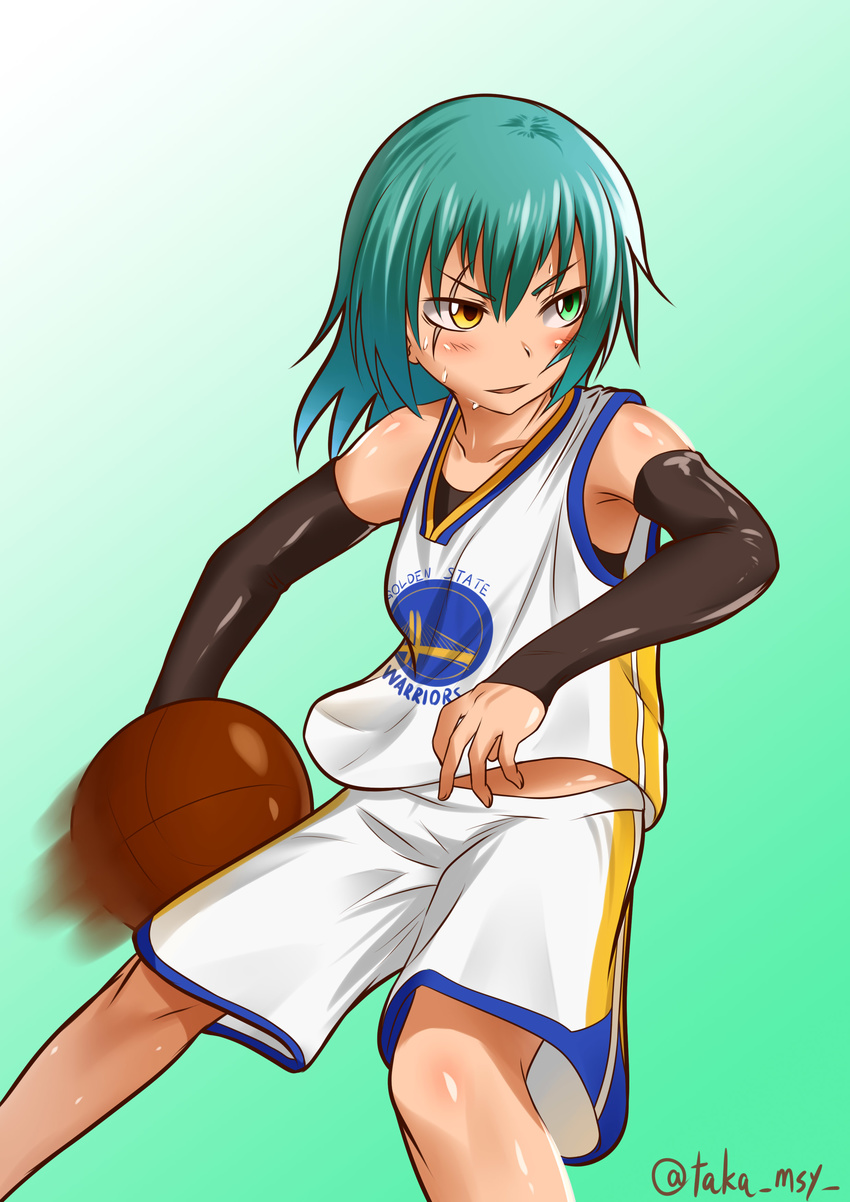 absurdres arm_warmers basketball basketball_uniform golden_state_warriors green_eyes green_hair heterochromia highres kantai_collection kashisu_mint kiso_(kantai_collection) national_basketball_association no_eyepatch scar scar_across_eye short_hair solo sportswear sweat tan twitter_username yellow_eyes