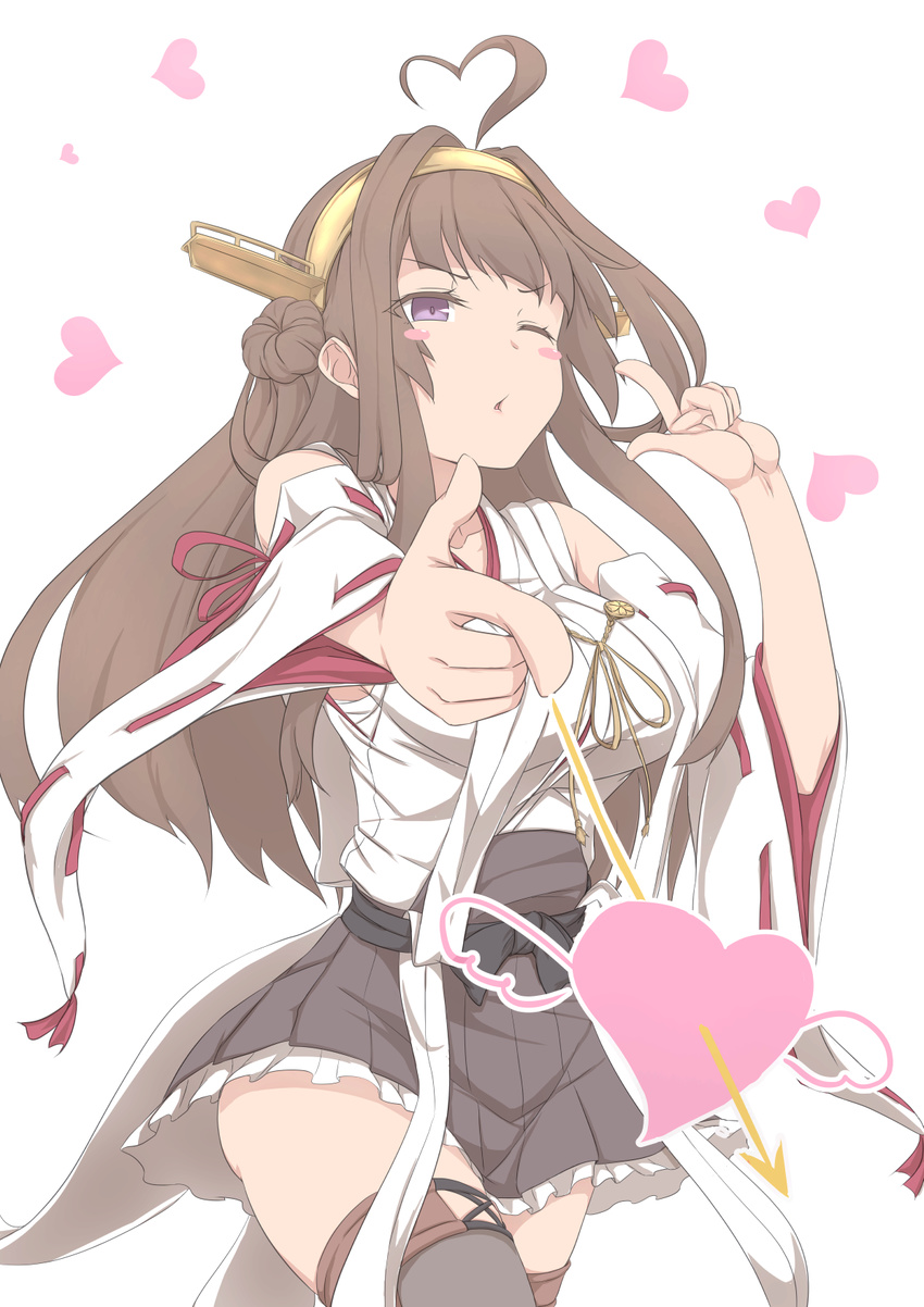 ;o ahoge aiguillette arrow arrow_through_heart black_legwear black_skirt blush blush_stickers breasts cowboy_shot detached_sleeves double_bun eyebrows eyebrows_visible_through_hair finger_gun foreshortening hair_intakes headgear heart highres index_finger_raised japanese_clothes kantai_collection kimono kongou_(kantai_collection) large_breasts long_hair long_sleeves looking_at_viewer nobcoffee nontraditional_miko one_eye_closed parted_lips pleated_skirt pose purple_eyes red_ribbon ribbon ribbon-trimmed_sleeves ribbon_trim skirt solo thighhighs thighs wide_sleeves wings