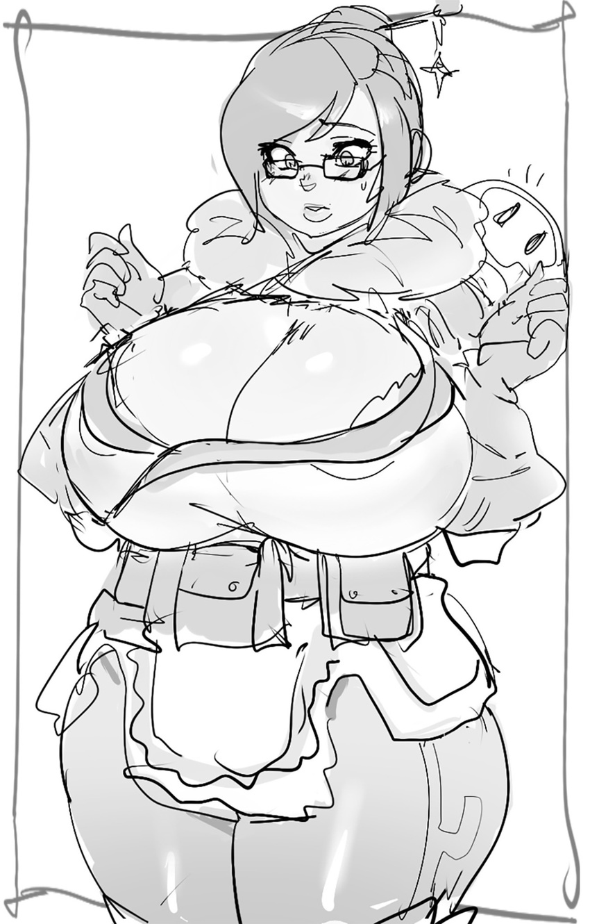 1girl breasts female maniacpaint mei_(overwatch) monochrome overwatch plump solo white_background