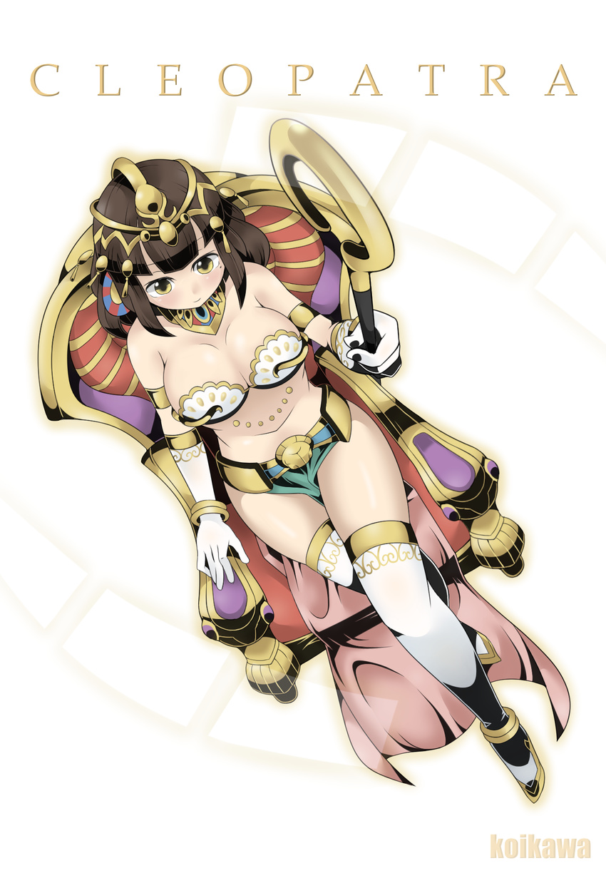 armband artist_name bare_shoulders boots breasts brown_hair character_name cleavage cleopatra_(monster_strike) egyptian_clothes elbow_gloves foreshortening from_above full_body gloves headdress highres koikawa_hayato large_breasts mole mole_under_eye monster_strike sitting smile solo staff thigh_boots thighhighs throne white_footwear white_gloves wrist_cuffs yellow_eyes