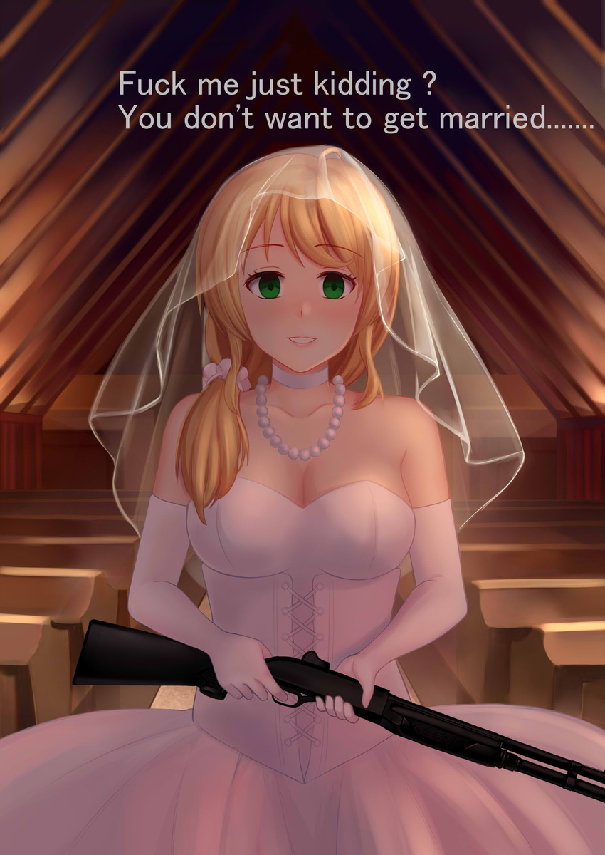 1girl absurdres backlighting bare_shoulders bench benelli_m1014 blank_eyes blonde_hair blood blush breasts bride caucasian choker church cleavage collarbone corset couple cross-laced_clothes dark dress elbow_gloves ellen_baker empty_eyes engrish eyebrows eyebrows_visible_through_hair finger_on_trigger gloves green_eyes gun hair_ornament hair_scrunchie head_out_of_frame hetero highres holding holding_gun holding_weapon indoors jewelry large_breasts long_hair looking_at_viewer low_ponytail md5_mismatch moegirlstudio necklace new_horizon non-asian pearl_necklace pew profanity ranguage scrunchie see-through see-through_silhouette shotgun solo strapless strapless_dress text_focus underbust veil weapon wedding wedding_dress white_choker white_corset white_gloves white_scrunchie yandere