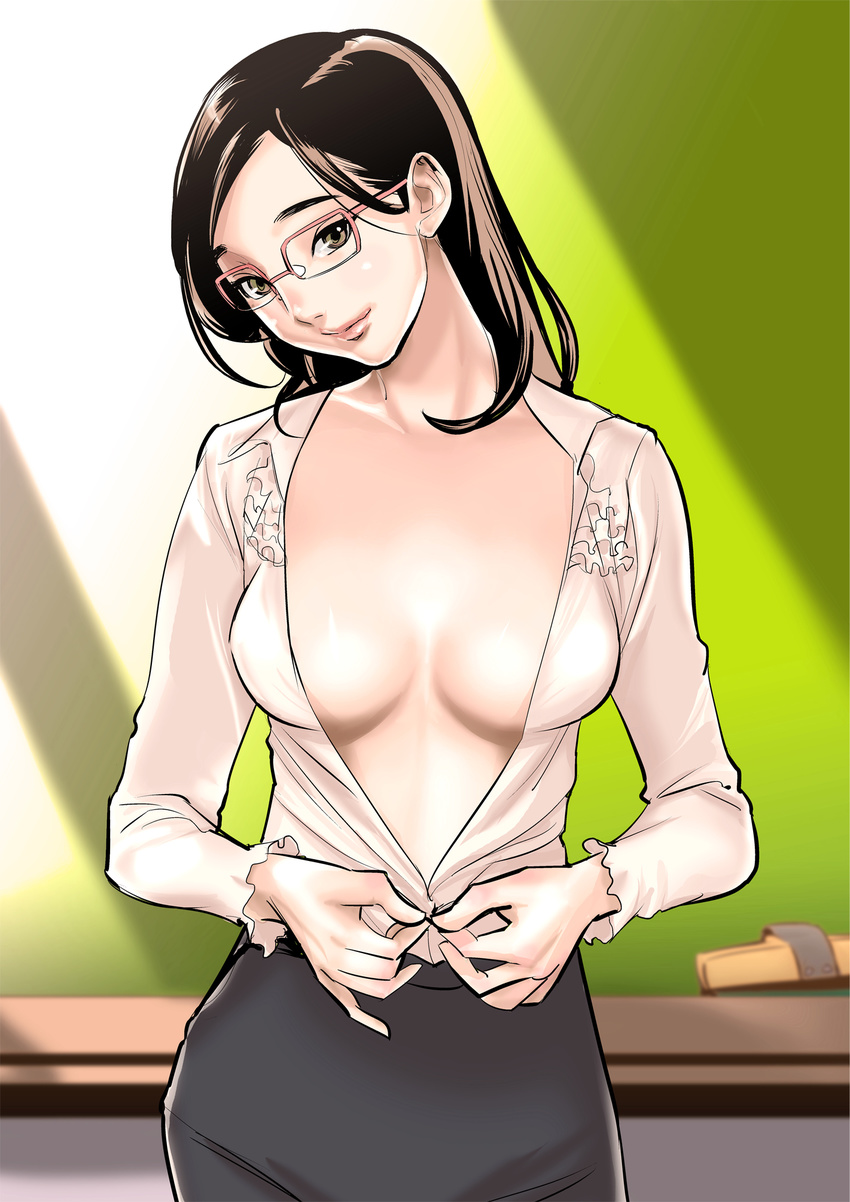 breasts brown_eyes brown_hair chalkboard dytm glasses highres large_breasts no_bra original over-rim_eyewear pencil_skirt semi-rimless_eyewear skirt solo teacher undressing