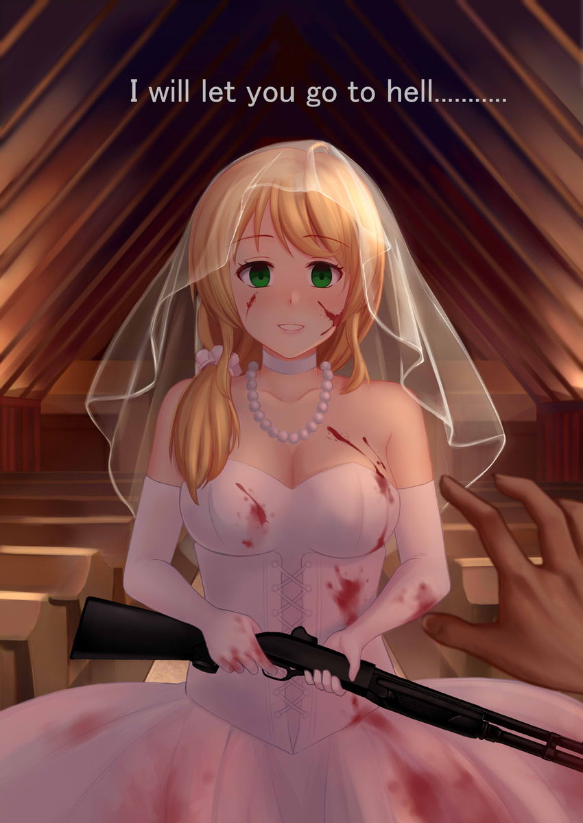 1boy 1girl absurdres backlighting bare_shoulders bench benelli_m1014 blank_eyes blonde_hair blood blood_on_face bloody_clothes bloody_dress blush breasts bride caucasian choker church cleavage collarbone corset couple cross-laced_clothes dark dress elbow_gloves ellen_baker empty_eyes engrish eyebrows eyebrows_visible_through_hair finger_on_trigger gloves green_eyes gun hair_ornament hair_scrunchie head_out_of_frame hetero highres holding holding_gun holding_weapon indoors jewelry large_breasts long_hair looking_at_viewer low_ponytail md5_mismatch moegirlstudio necklace new_horizon non-asian pearl_necklace pew pov pov_hands profanity ranguage scrunchie see-through see-through_silhouette shotgun solo_focus strapless strapless_dress text_focus underbust veil weapon wedding wedding_dress white_choker white_corset white_gloves white_scrunchie yandere