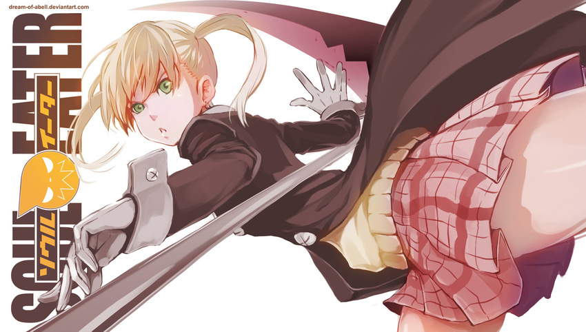 blonde_hair cuffs dream_of_abell gloves green_eyes kicking looking_at_viewer looking_back maka_albarn plaid plaid_skirt scythe skirt solo soul_eater sweater_vest twintails white_gloves