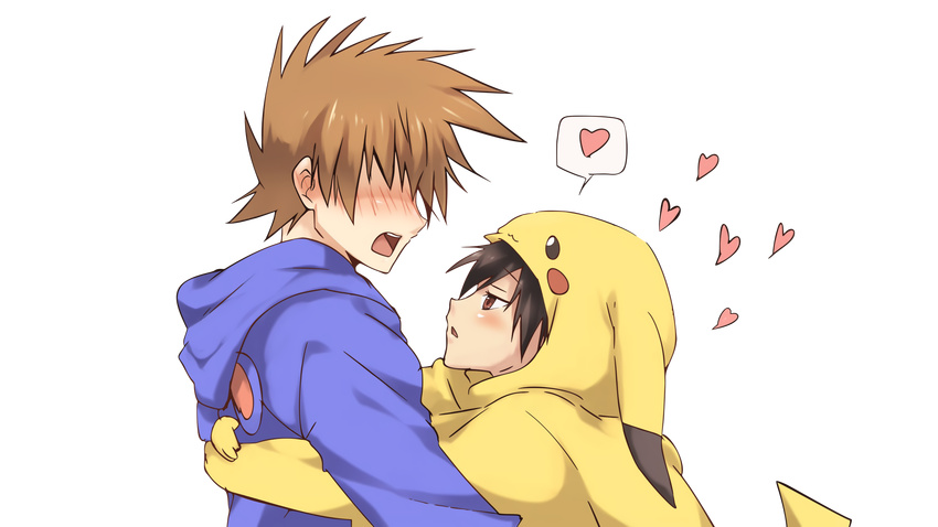 all_male blush cosplay hoodie male maruki_(punchiki) ookido_green pokemon red_(pokemon) shounen_ai transparent vector