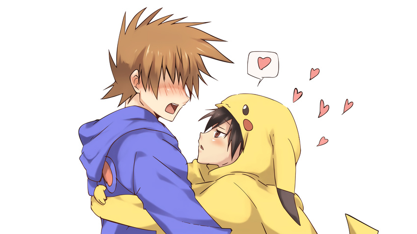 all_male blush cosplay hoodie male maruki_(punchiki) ookido_green pokemon red_(pokemon) shounen_ai vector